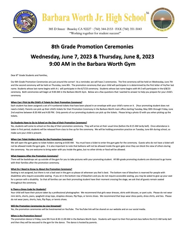 8th Grade Promotion Ceremonies Barbara Worth Junior High School